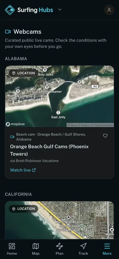 Live public webcams grouped by state in the GoHubs app